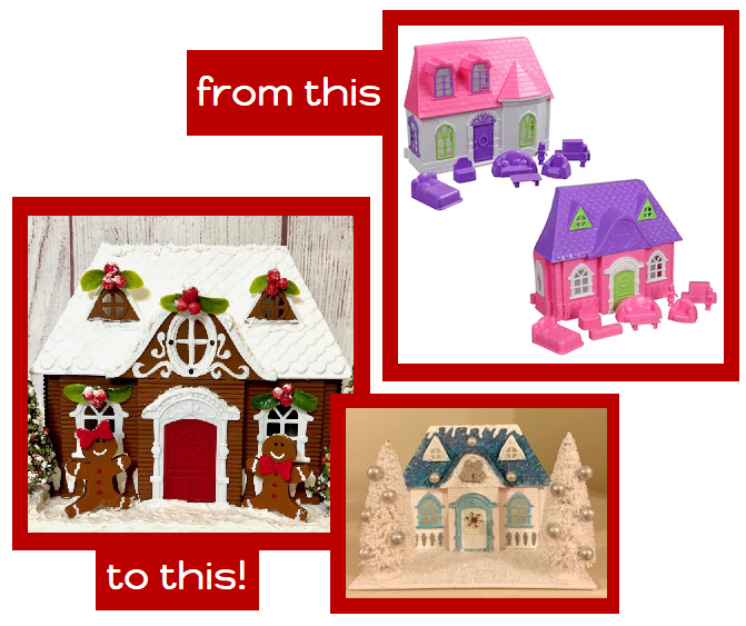 examples of holiday houses including a gingerbread-style house and a blue and white winter house; also shown are the original toy houses