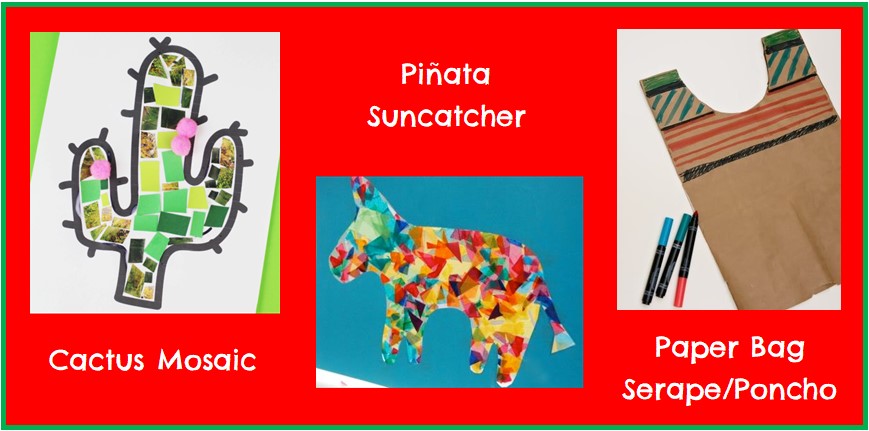 Image showing cactus mosaic, pinata suncatcher, and paper bag serape poncho art projects