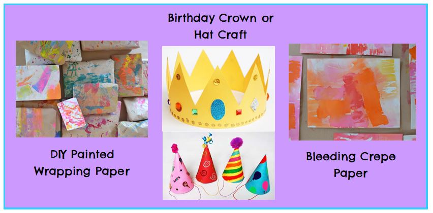 diy painted wrapping paper, birthday crown craft, and bleeding crepe paper images