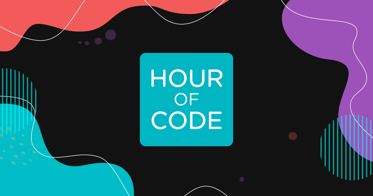 White text in a blue box in the center of a black background.  Text says "Hour of Code."  Colorful blobs are set around the border in red, blue, and purple.  There are white squiggles in the blobs.  Two circles are set on either side of the image, and these are broken into lines.