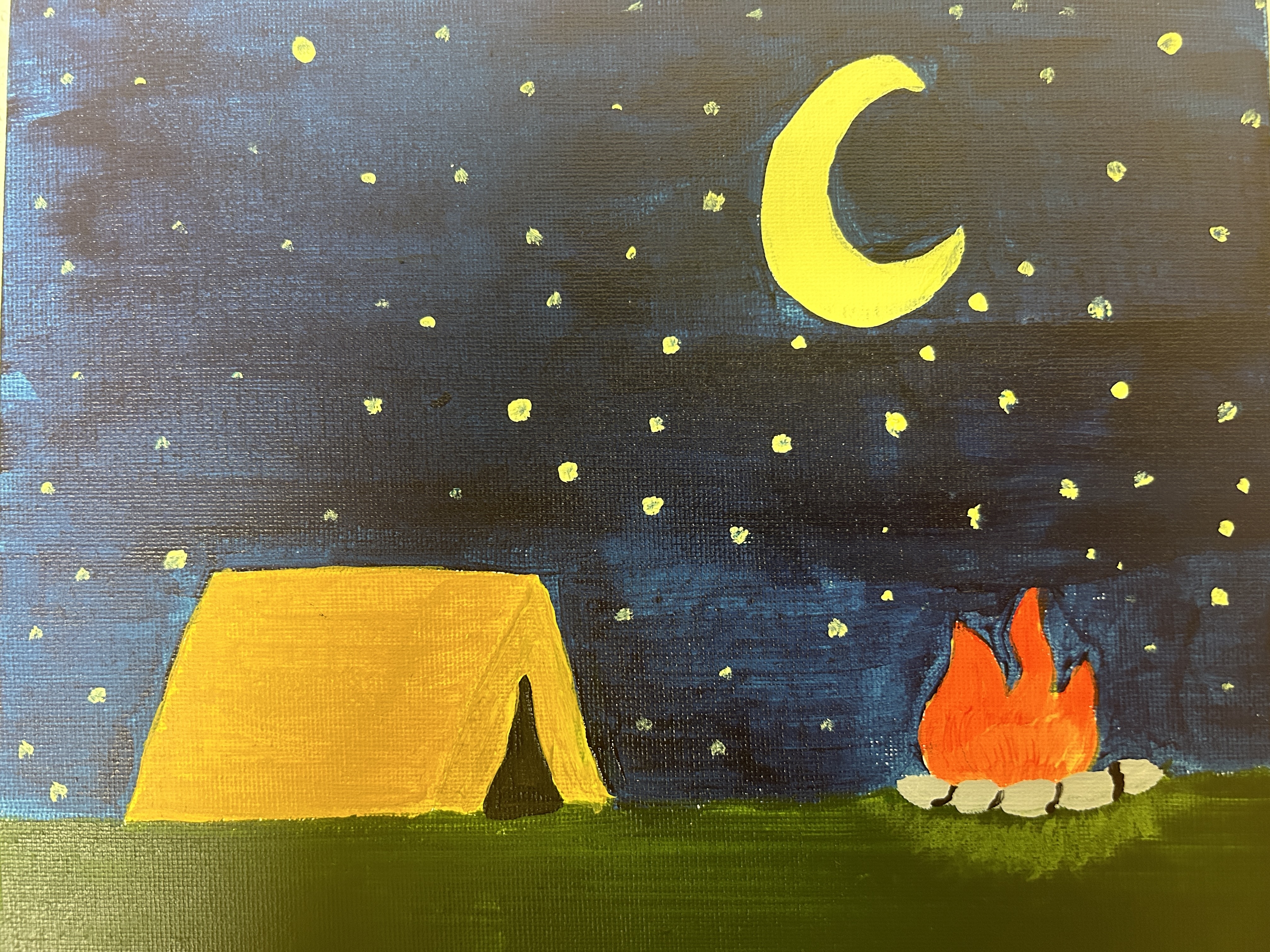 Night camping scene with tent, moon, stars, and campfire