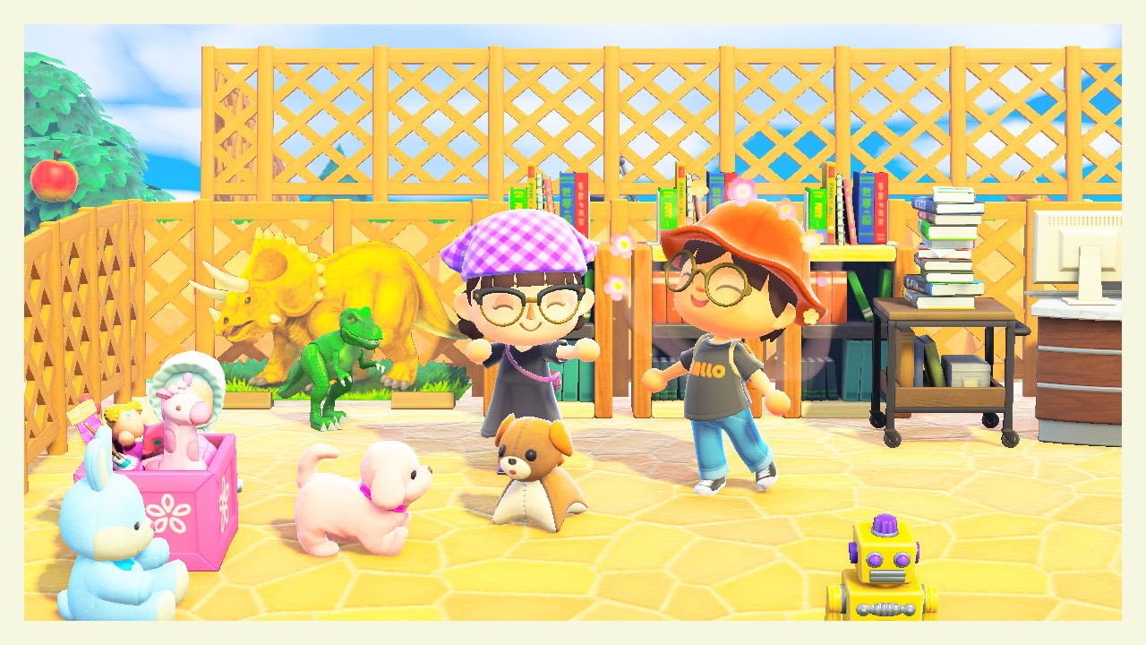 Two Animal Crossing characters in a library setting. 