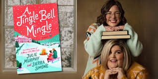 An image of two women wearing sweaters. One has books stacked on her head while the other is resting her hands on those books. Next to them is a picture of the book, A Jingle Bell Mingle.