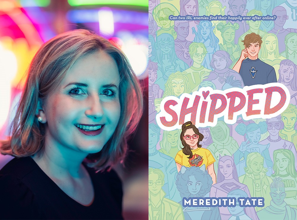 Image of a smiling woman with short blond hair wearing a black top. She stands in front of multicolored neon lights. To the right of her picture is an image of the book cover "Shipped".