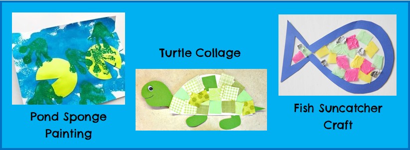 Image showing pond sponge painting, turtle collage, and fish suncatcher art projects