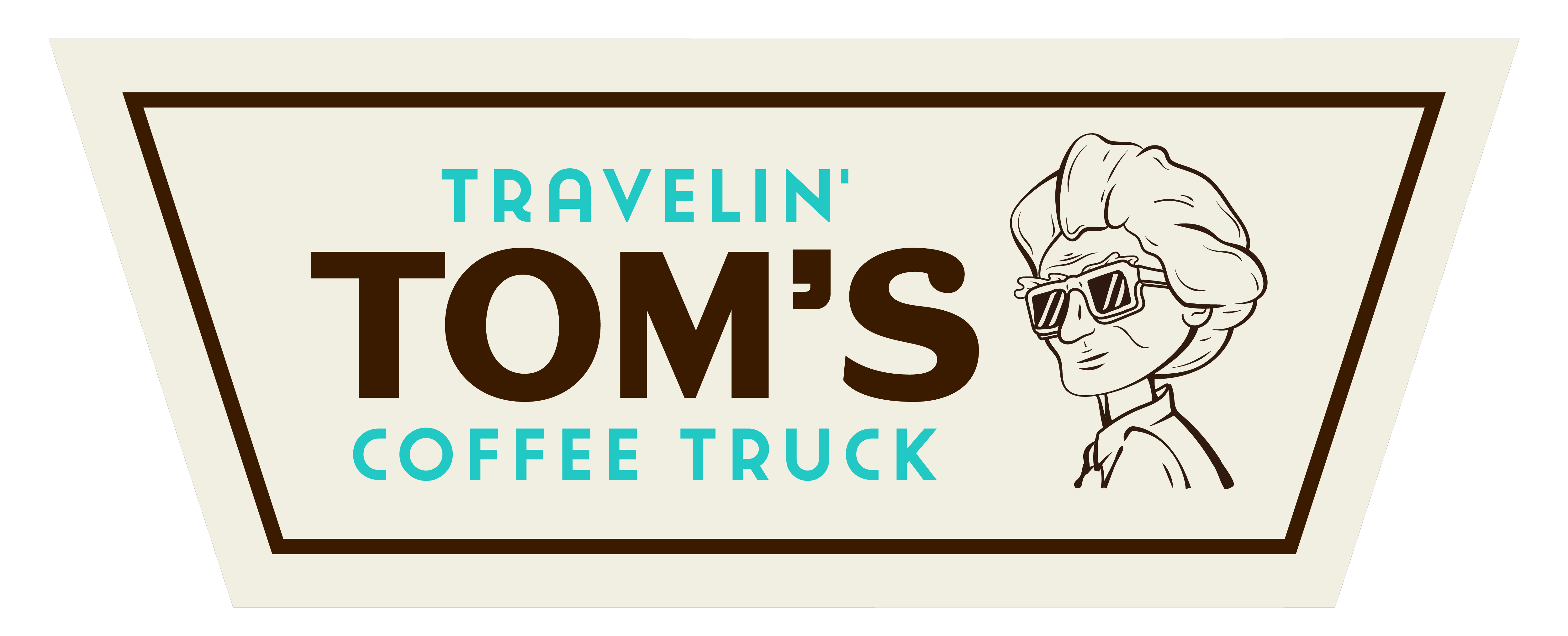 A cream, brown, and teal logo that says Travelin' Tom's Coffee Truck and has a drawing of a man wearing sunglasses. 