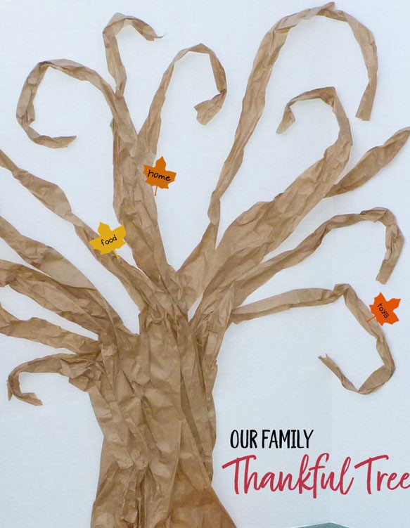 Thankful Tree made from craft paper and colorful leaves listing things for which you are thankful.