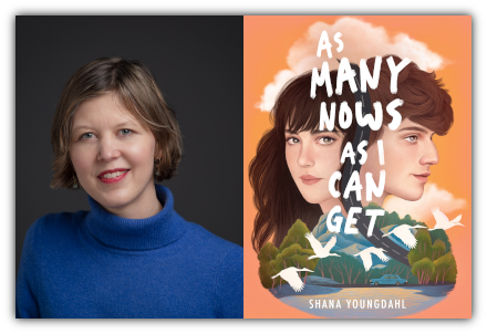 A head shot of a woman with short brown hair and wearing a blue shirt next to a book cover that is orange and has the faces of a young man and woman over mountains and flying birds. The title of the book is As Many Nows As I Can Get. 