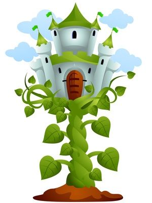 a castle on a cloud with a beanstalk leading up to it