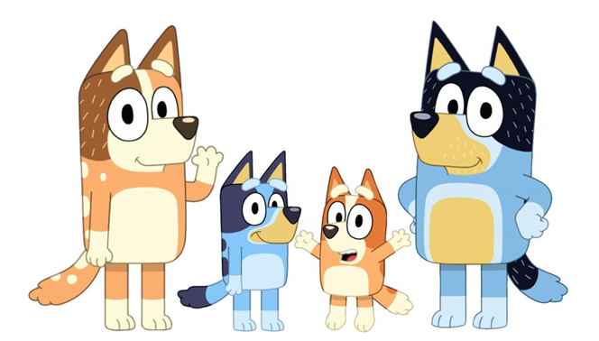 Image of Chili, Bluey, Bingo, and Bandit from the Bluey TV show.