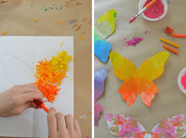 crayon shavings on paper is shown in one image and a finished melted crayon artwork is shown in the other
