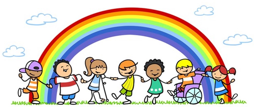 Seven children are holding hands in front of a rainbow celebrating their diversity.