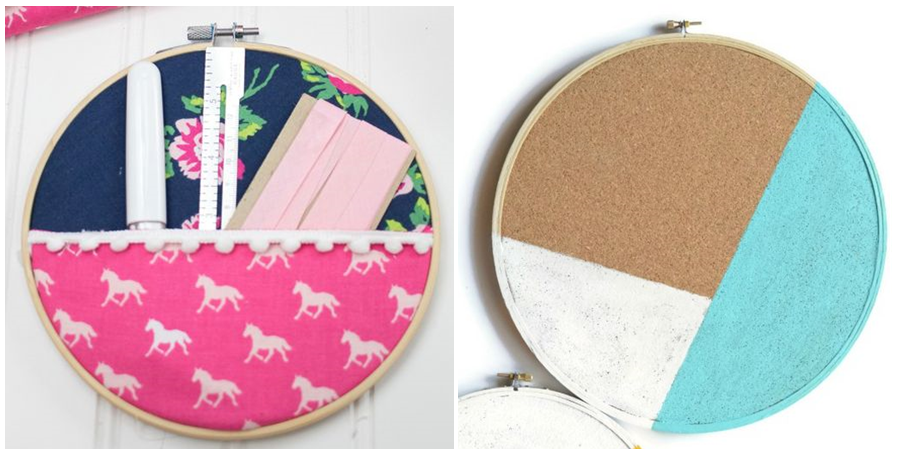 image showing embroidery hoop cork board and embroidery hoop organizer projects.