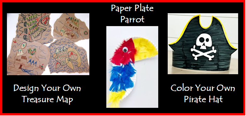 Image showing pirate-themed art projects, including design your own treasure map, paper plate parrot, and color your own pirate hat