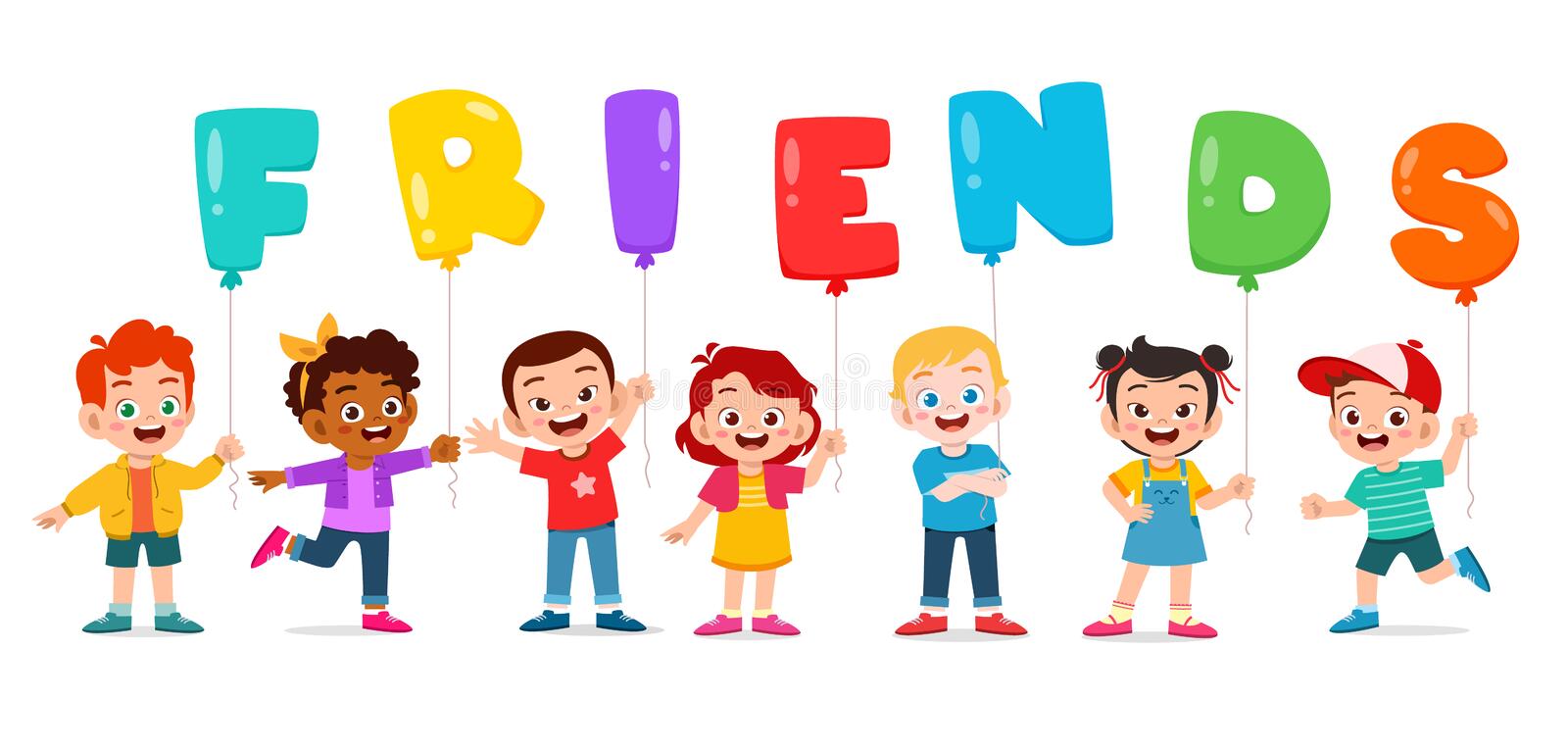 drawing of kids holding balloons that spell friends