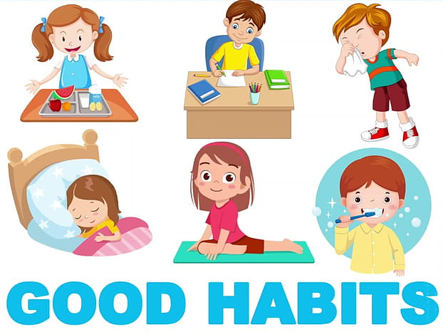 Image showing many different kids portraying healthy habits, such as brushing teeth, eating nutritious foods, etc.