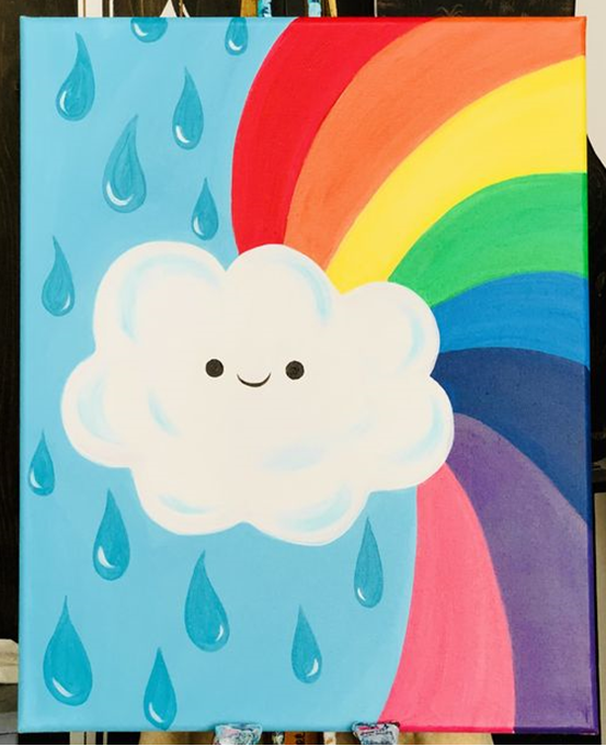 Painted canvas showing a cloud surrounded by a rainbow on its right and raindrops on its left.