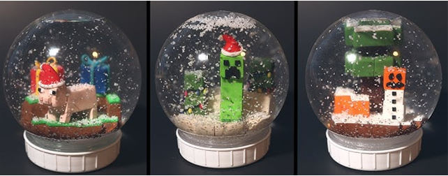 Image showing three different snow globes with characters from Minecraft.