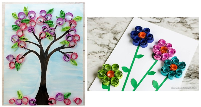 Images of paper quilled spring tree and flowers art projects