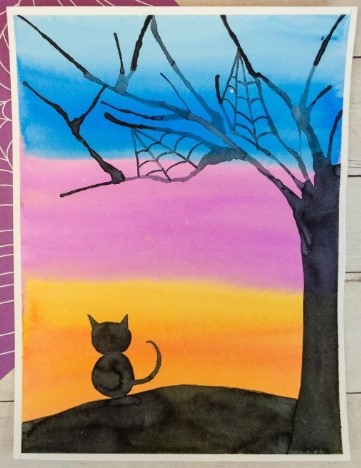 Image showing a spooky silhouette scene painted with watercolor paints.