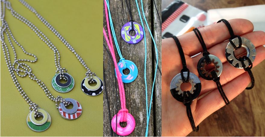 Image showing necklaces and bracelets created with string and metal washers painted with nail polish.