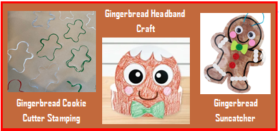 Image showing cookie cutter gingerbread stamping, gingerbread hat, and gingerbread suncatcher art projects.