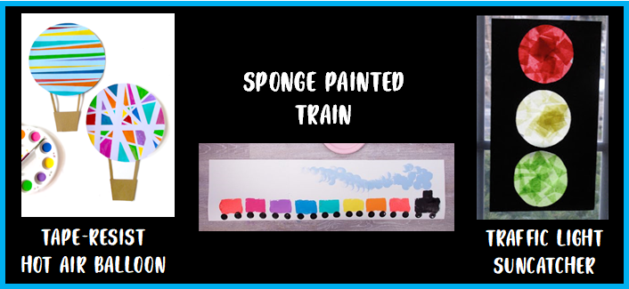 Image showing examples of tape-resist hot air balloon, sponge painted train, and traffic light suncatcher art projects.
