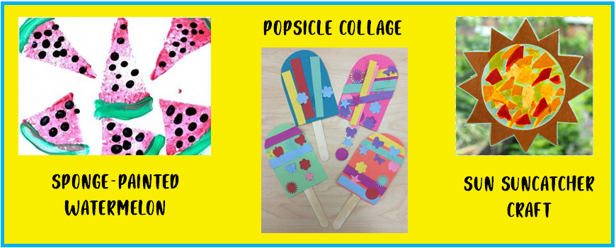 Image showing sponge-painted watermelon, popsicle collage, and sun suncatcher art projects