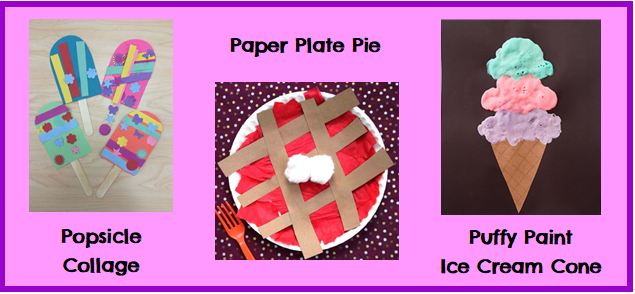 Image showing popsicle collage, puffy paint ice cream cone, and paper plate pie art projects.