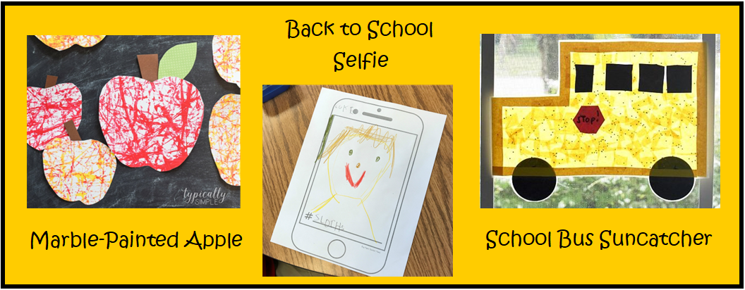 Image showing marble-painted apple, school bus suncatcher, and back to school selfie art projects.