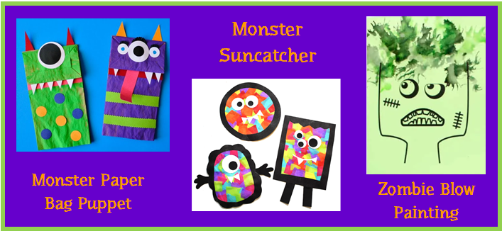 Image showing monster suncatcher, monster paper bag puppet, and zombie blow painting art projects.