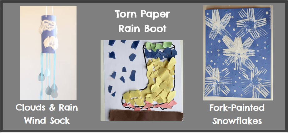 Image showing torn paper rain boots, fork-painted snowflakes, and clouds and rain wind sock art projects