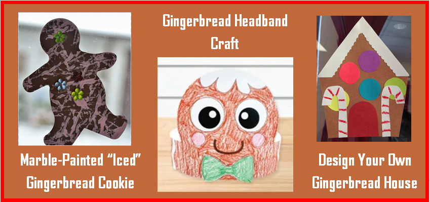 Image showing design your own gingerbread house, gingerbread headband, and marble-painted gingerbread cookie art projects
