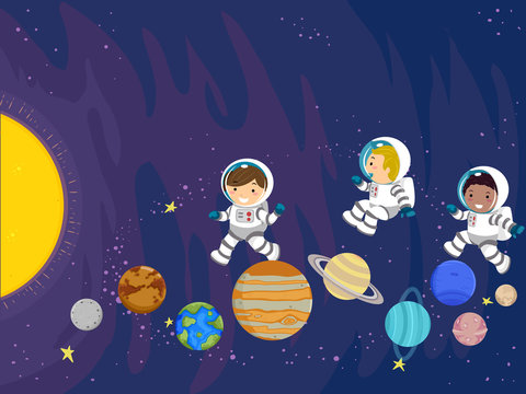 Drawing of three kids in astronaut costumes are walking in space.