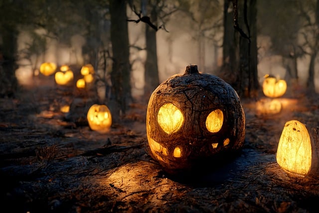 Spooky jack-o-lanterns alight in a dark and foggy forest.