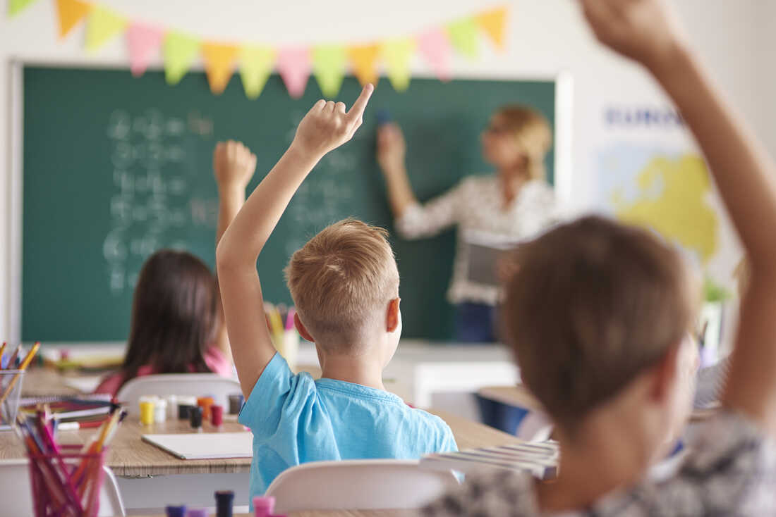 A boy raises his hand in class