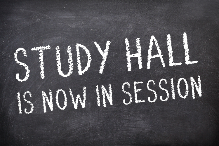 chalk board stating study hall is now is session