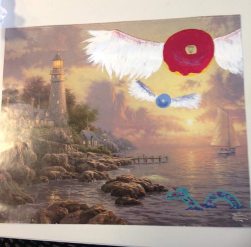 Quiditch and a sea monster added to a painting of a lighthouse and the sea