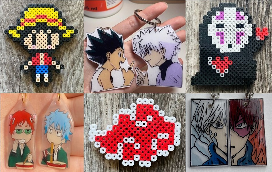 Image of examples of shrinky dinks and perler bead crafts made to look like characters from anime and manga