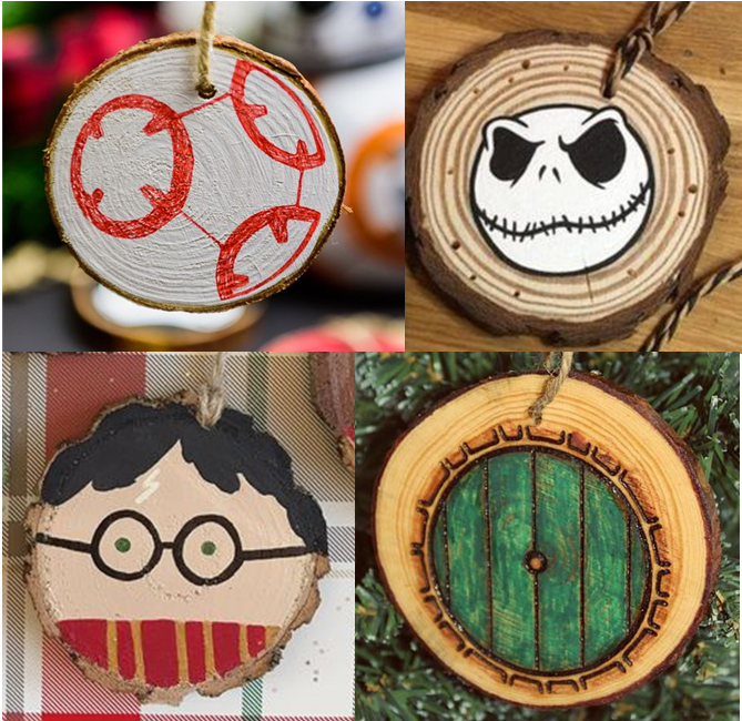 Images of Star Wars, Harry Potter, The Hobbit, and Nightmare Before Christmas characters painted on wood slice ornaments