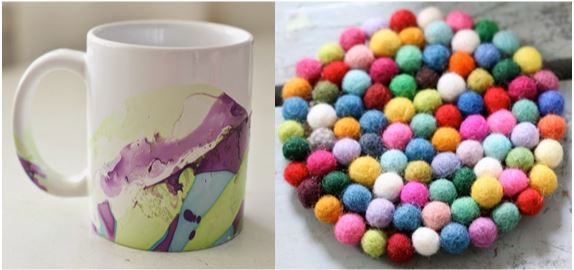 marbled mug and pom-pom coaster images