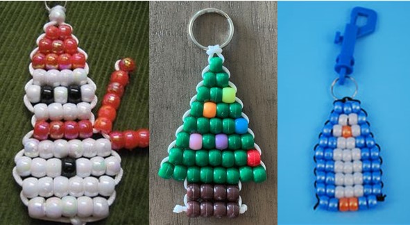 Image showing examples of tree, snowman, and penguin beaded keychains