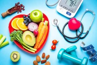 Healthy foods weight loss tools and medical instruments on a light blue background. 