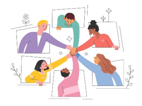 A group of diverse people in colorful clothing form a circle with their hands meeting in the middle. 