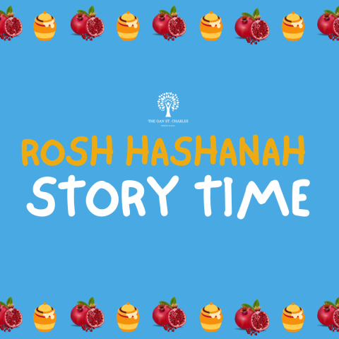 A blue square with pomegranets and honey pots along the top and bottom. In the middle it says Rosh Hashanah Story Time. 
