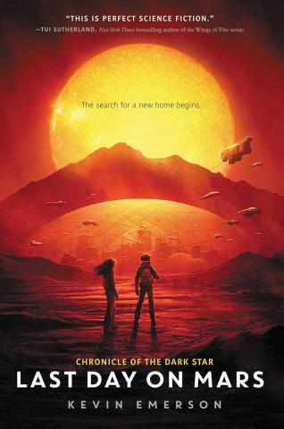 A boy and girl stand on Mars, with a shielded city in the distance