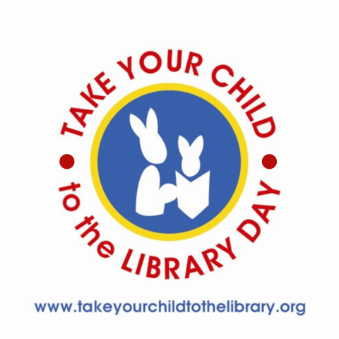 Take Your Child to the Library Day is written in red around a blue circle with two white bunny profiles in it. 