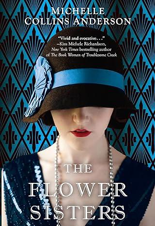 Book cover with a 1920's feel to it. A pale woman stands in front of a black and blue patterned wall. She wears a blue dress, a long necklace, and a black and blue hat that hides her eyes.