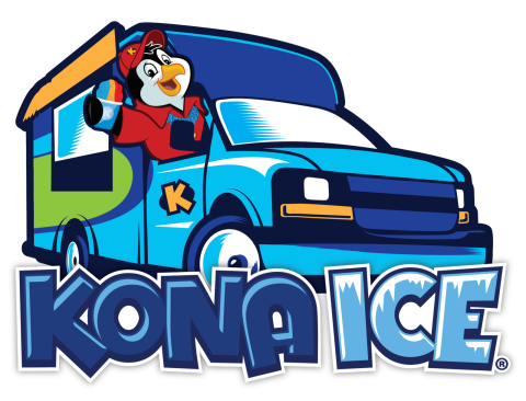 Image of a penguin in a food truck holding a rainbow colored snow cone. Beneath the truck it says Kona Ice. 