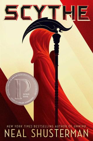 A red cloaked person holds a black scythe